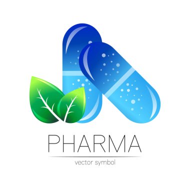Eczacı, eczacı, doktor ve ilaç için yeşil yapraklı eczane vektör sembolü. Beyaz arka planda modern tasarım vektör logosu. İlaç mavi ikon logoti tablet hap kapsülü. Sağlık