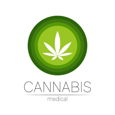İlaç ve doktor için kenevir vektör logosu. Tıbbi marihuana sembolü. Sağlık için bitki ve yaprak içeren ilaçlar. Yeşil bitkinin konsept işareti. Beyaz üzerine yeşil renk çemberi