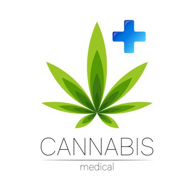 İlaç ve doktor için kenevir vektör logosu. Tıbbi marihuana sembolü. Sağlık için bitki ve yaprak içeren ilaçlar. Yeşil bitkinin konsept işareti. Beyaz üzerine yeşil renk. Mavi haç