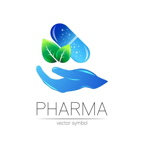 Farmaceutische vector symbool met groen blad voor apotheker, apotheek, arts en geneeskunde. Modern design vector logo op witte achtergrond. Farmaceutisch blauw pictogram logotype tablet capsule met de hand — Stockvector