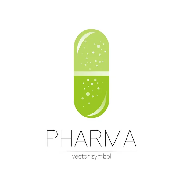 Φαρμακευτικό σύμβολο φορέα για το φαρμακοποιό, το φαρμακείο, το γιατρό και το φάρμακο. Σύγχρονη σχεδιασμό vector λογότυπο σε λευκό φόντο. Φαρμακευτικό πράσινο εικονίδιο logotype δισκίο κάψουλα χάπι. Βιομηχανία της υγείας — Διανυσματικό Αρχείο