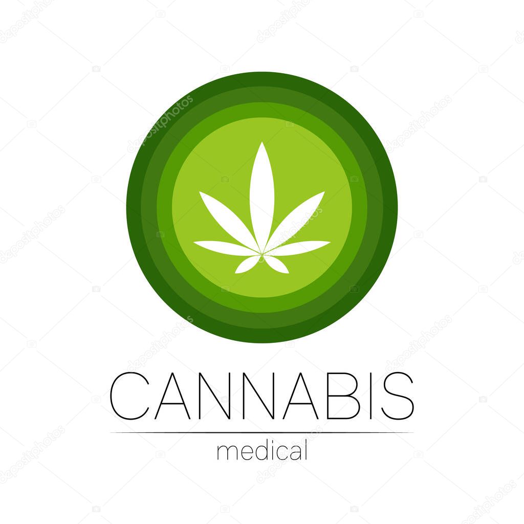 Cannabis vector logotype for medicine and doctor. Medical marijuana symbol. Pharmaceuticals with plant and leaf for health. Concept sign of green herb. Green color circle on white.