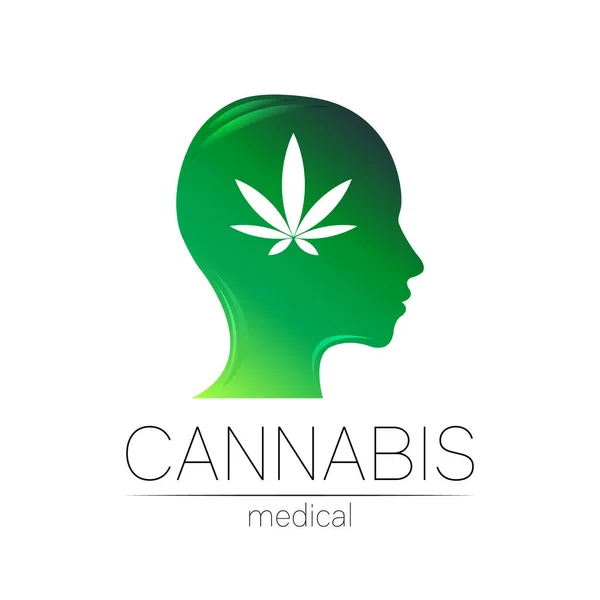 Cannabis vektor logotyp för medicin och läkare. Medicinsk marijuana symbol. Läkemedel med växter och blad för hälsa. Begreppet tecken på grön ört. Profilera människans silhuetthuvud. Grön färg — Stock vektor