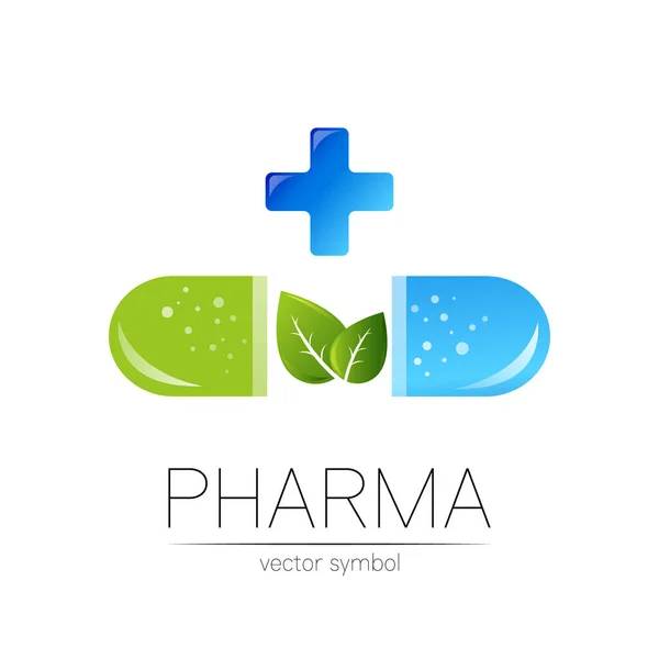 Simbolo vettore farmacia con foglia verde per farmacista, farmacia, medico e medicina. Logo vettoriale design moderno su sfondo bianco. Capsula pillola blu farmaceutica del logotipo dell'icona. Sanità — Vettoriale Stock