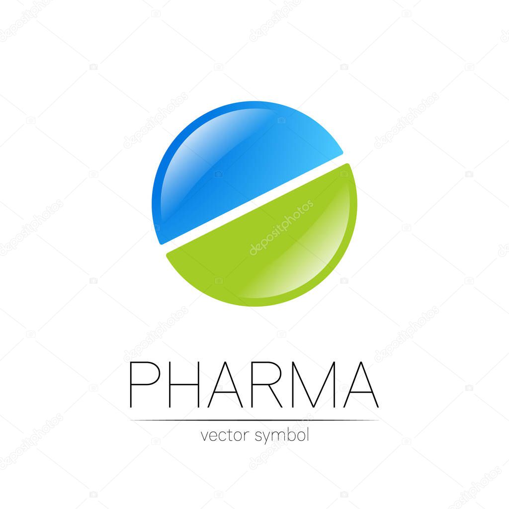 Pharmacy vector symbol for pharmacist, pharma store, doctor and medicine. Modern design vector logo on white background. Pharmaceutical blue green icon logotype tablet pill . People health industry.