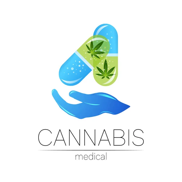 Cannabis na cápsula comprimido comprimido com logotipo vetor de mão humana para medicina e médico. Símbolo da marijuana medicinal. Farmacêutica com planta e folha para a saúde. Sinal de conceito de erva verde . —  Vetores de Stock