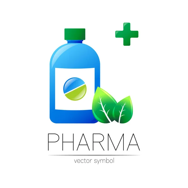 Apotheek vector symbool met blauwe fles en groene pil tablet, blad, kruis voor apotheker, apotheek winkel, arts en geneeskunde. Modern design vector logo op witte achtergrond. Farmaceutisch icoon .Gezondheid — Stockvector