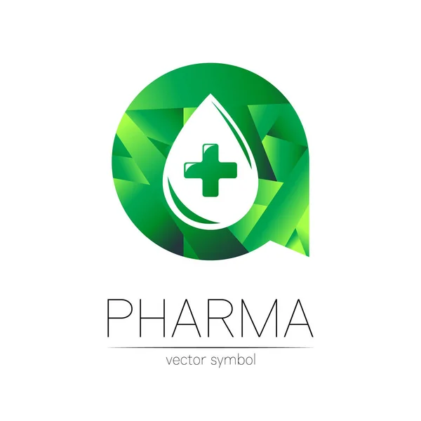 Gyógyszertár vektor szimbóluma csepp kereszt zöld körben a gyógyszerész, gyógyszertár, orvos és a gyógyszer. Modern design vektor logó fehér háttérrel. Gyógyszerészeti ikon logotípus egészség humán — Stock Vector