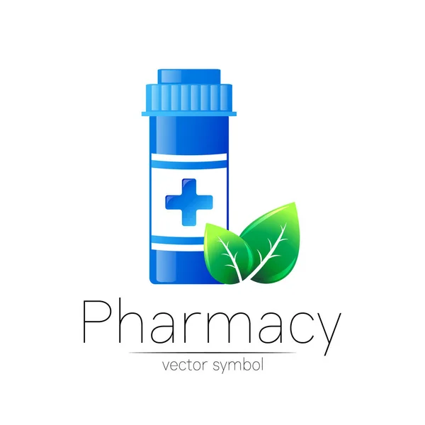 Φαρμακείο διάνυσμα σύμβολο με μπλε μπουκάλι χάπι και πράσινο φύλλο για φαρμακοποιό, φαρμακείο, γιατρός και φάρμακο. Σύγχρονη σχεδιασμό vector λογότυπο σε λευκό φόντο. Λογότυπο εικονιδίου φαρμακευτικής. Υγεία — Διανυσματικό Αρχείο