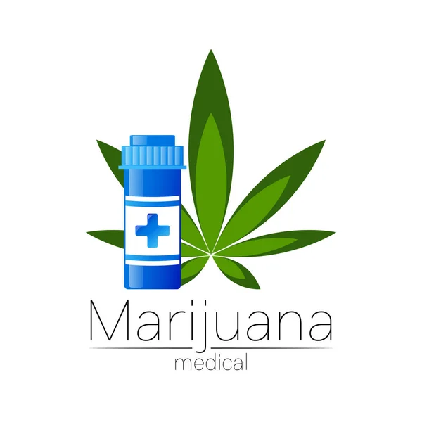 医学と医師のための大麻ベクターのロゴタイプ。薬瓶付きの医療用マリファナシンボル。健康のための植物や葉を持つ医薬品。緑のハーブのコンセプトサイン。白の緑. — ストックベクタ