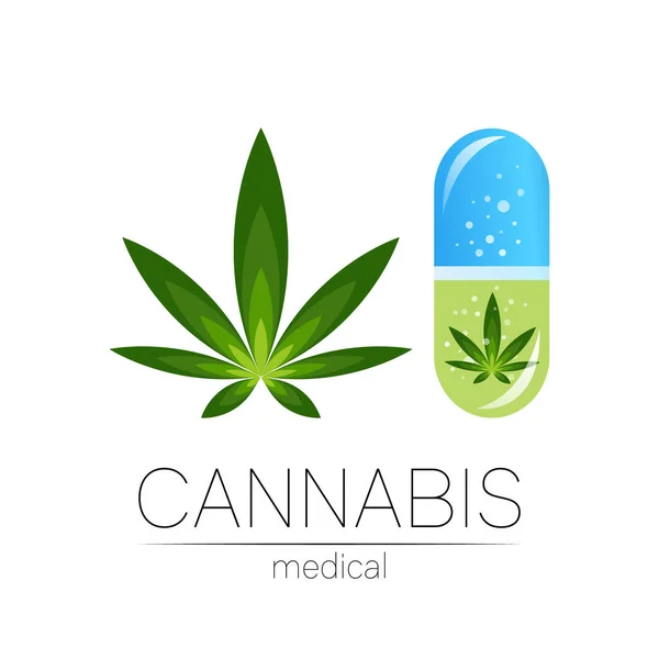 处方药胶囊中的大麻病媒类似物，供医药和医生使用。医用大麻符号。药用植物和叶子促进健康。绿色草本植物的概念标志。绿色，白色. — 图库矢量图片