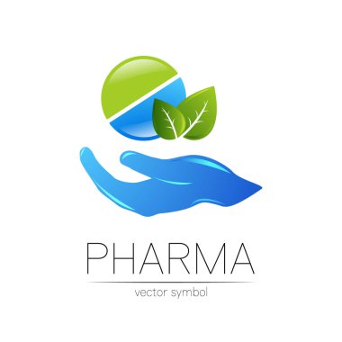 Eczacı, eczacı, doktor ve ilaç için yapraklı eczane vektör sembolü. Beyaz arka planda modern tasarım vektör logosu. Eczacılık mavisi yeşil ikon logoti hapı.