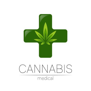 İlaç ve doktor için kenevir vektör logosu. Tıbbi marihuana sembolü. Sağlık için bitki ve yaprak içeren ilaçlar. Yeşil bitkinin konsept işareti. Beyaz üzerine yeşil renk. Çapraz simge