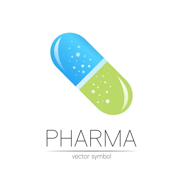 Gyógyszertár vektor szimbólum gyógyszerész, gyógyszertár, orvos és gyógyszer. Modern design vektor logó fehér háttérrel. Gyógyszerészeti kék zöld ikon logotípus tabletta kapszula. Emberek egészsége — Stock Vector