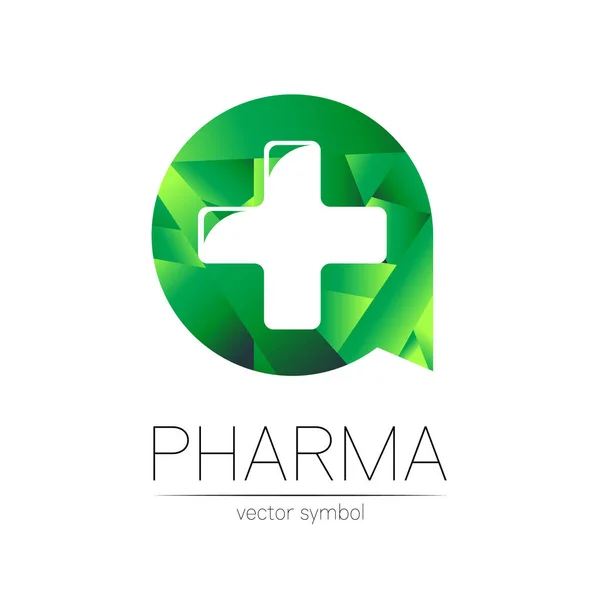 Farmacia vettoriale simbolo con croce in cerchio verde per farmacista, farmacia, medico e medicina. Logo vettoriale design moderno su sfondo bianco. Logotipo di icona farmaceutica. Salute umana — Vettoriale Stock