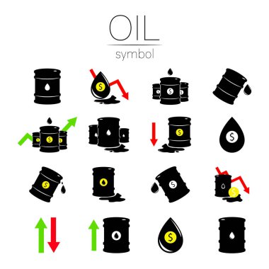16 işaret yağından oluşan bir vektör kümesi. Siyah sembol petrol, dolar parası, beyaz arka planda. küresel ekonomik kriz. Fıçı silueti ve leke sıvısı. Keşif endüstrisi, Petrokimya