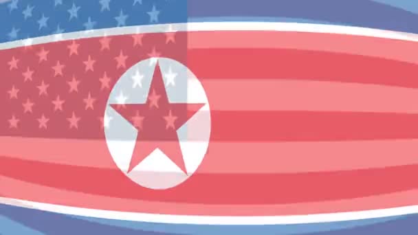 Bandera estadounidense se derrite frente a la bandera de Corea del Norte — Vídeos de Stock