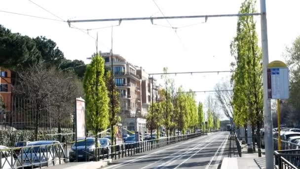 Primavera en Roma ruta del tranvía con árboles florecientes junto a ella — Vídeos de Stock