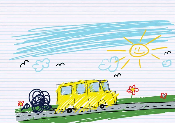 illustration of a school bus drawn in child style