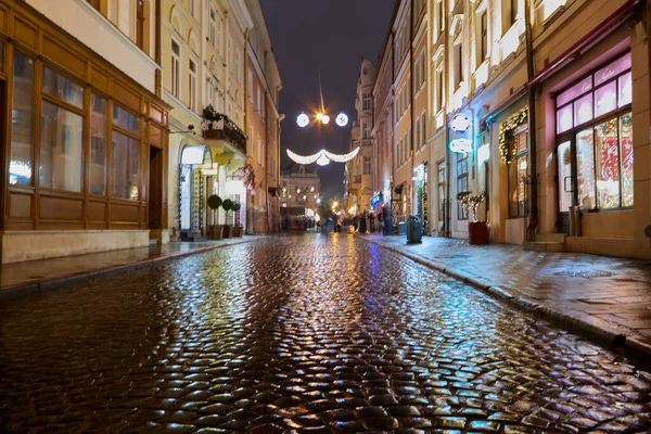 Rues Nuit Vieille Ville Européenne Après Pluie Lviv Ukraine — Photo