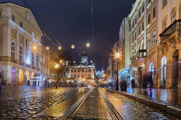 Rues Nuit Vieille Ville Européenne Après Pluie Lviv Ukraine — Photo