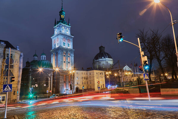 Old European town, Lviv Ukraine. Christian cathedral night view.