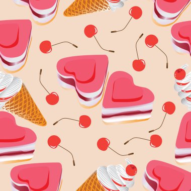 Pasta, dondurma ve kiraz. Işık arka plan üzerinde seamless modeli. 