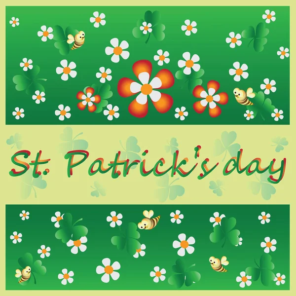 Διακοσμητικά λουλούδια, τριφύλλι και μια μέλισσα. St.Patrick 's Day. Διανυσματική εικόνα. Σχεδιασμός για ευχετήρια κάρτα, ευχές, Χαιρετισμοί, θεματικές απεικονίσεις. — Διανυσματικό Αρχείο