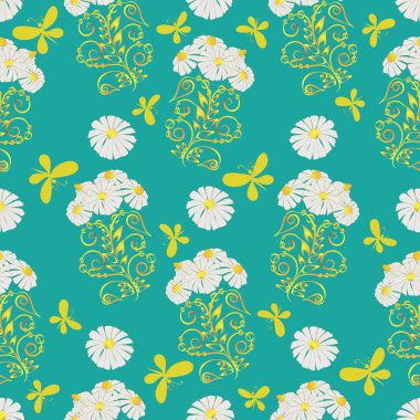 Kelebekler ve yeşil bir arka plan üzerinde papatya. 