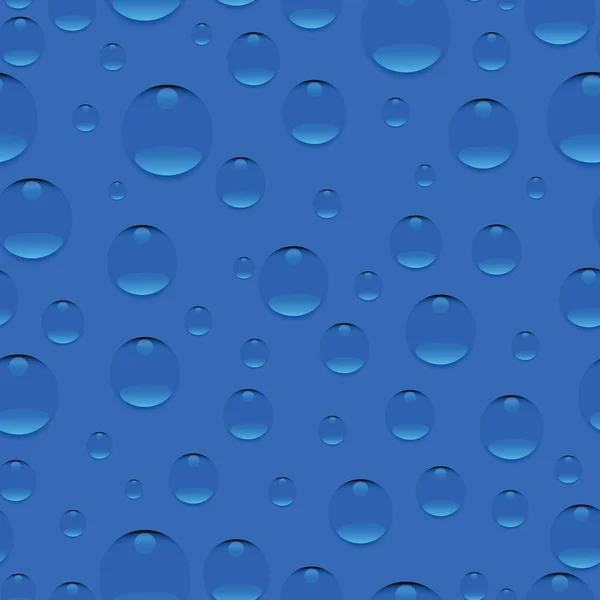 Gotas no fundo azul. Padrão sem costura. Água pura realista, gotas transparentes isoladas. Design para fundo do site, tecido, tapeçarias, materiais de embalagem, cartazes ambientais —  Vetores de Stock