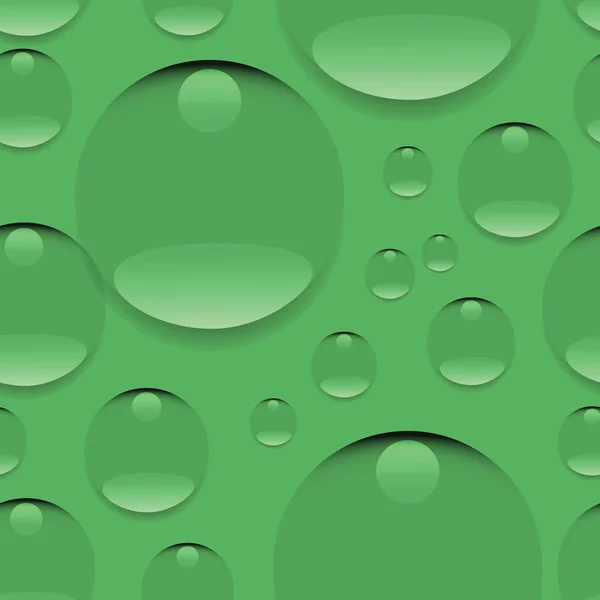 Dew on a green background. Seamless pattern. Realistic pure water, isolated transparent drops. Design for website background, textile, tapestries, packaging materials, environmental posters. — Stock Vector