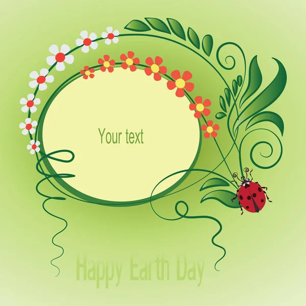 Flores y mariquitas. Feliz Día de la Tierra. Imagen vectorial de fondo floral para tarjeta de felicitación, póster, pancarta . — Vector de stock