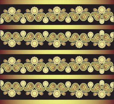 Siyah bir zemin üzerine altın süs. Paisley. 