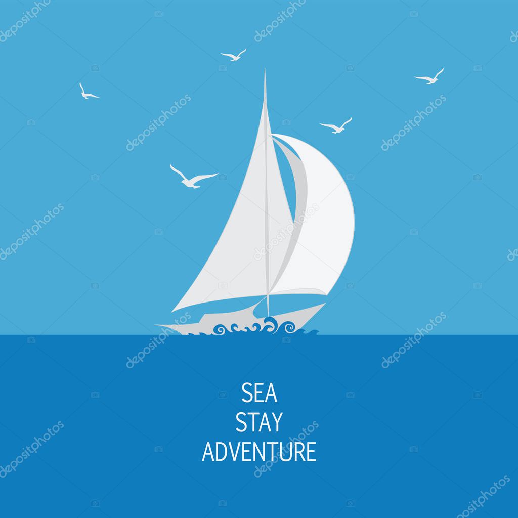 Sea, sailboat and seagulls. Emblem, logo, icon. Stylized sailboat on the waves. Design for banner, poster, printing on fabric and paper.