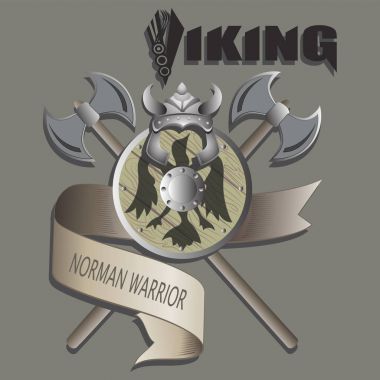 Miğfer, kalkan ve balta. Viking. 