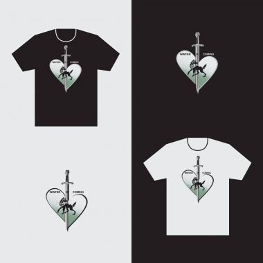 Kalp bir kurt ve bir kılıç bir t-shirt üzerinde.