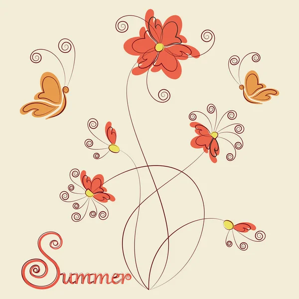 Kwiaty, motyle i podpis lato. — Wektor stockowy