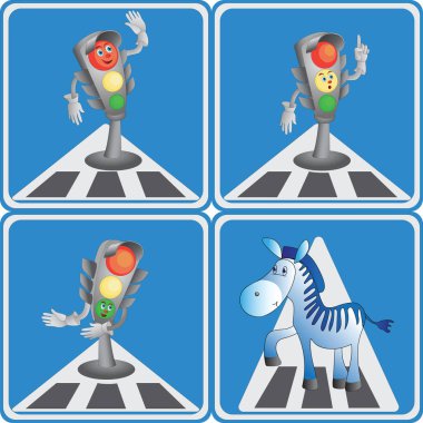 Çizgi film trafik ışığı ve zebra. 