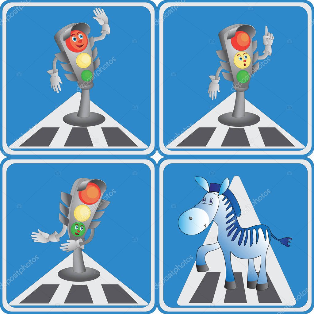 Cartoon traffic light and zebra. 