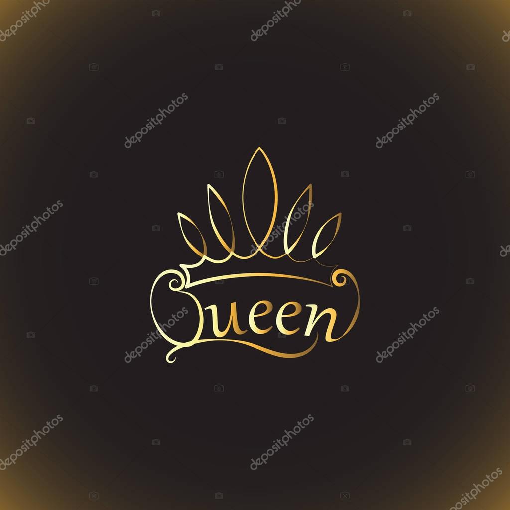Golden crown and the words Queen. Emblem, logo, badge. drawing. The background is dark. The element of graphic design, printing on t-shirts. Vector images for printing on fabric or paper.