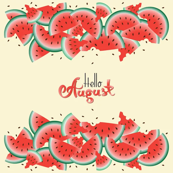 Wassermelonen und kursive Schriftzeichen hallo, August. — Stockvektor