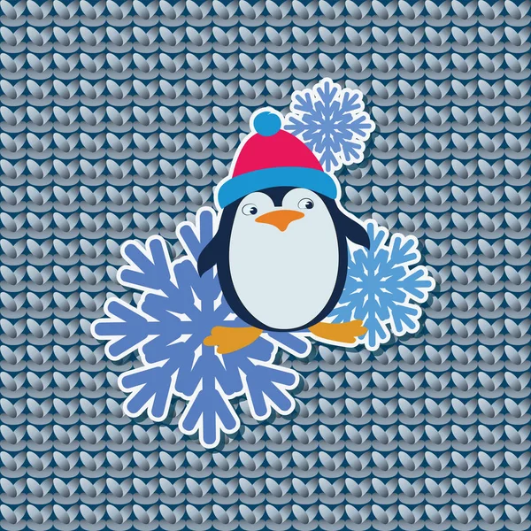 Lustiger Pinguin mit rotem Hut und Schneeflocken. — Stockvektor