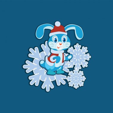 Bunny ve mavi bir arka plan üzerinde kar tanesi.