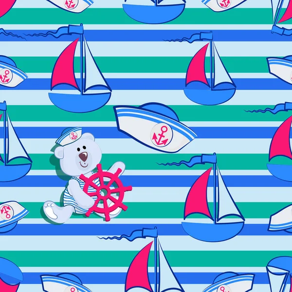 Eisbär-Kleinkind, Schirmmütze und ein Segelboot auf gestreiftem Hintergrund. — Stockvektor