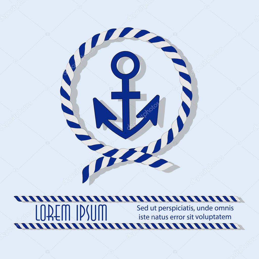  Anchor in a circle with a sea rope. Emblem. Sticker. Poster with place for text. The concept of maritime navigation, competitions, tourism, recreation, travel. Design for printing on fabric or paper.
