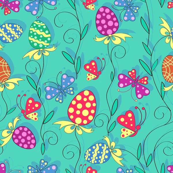 Easter pattern with plant elements, painted eggs and butterflies. — Stock Vector
