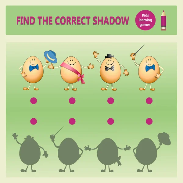 Zoek de juiste schaduw. Grappige cartoon eieren. — Stockvector