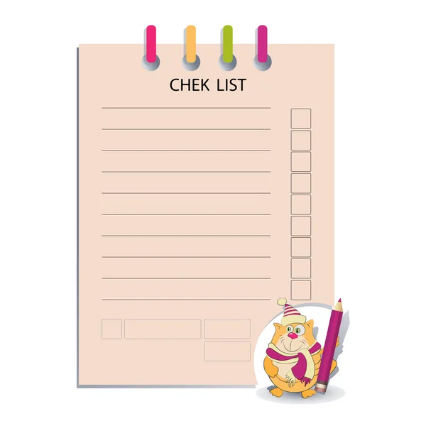 Check list and funny cat with a pencil. — Stock Vector