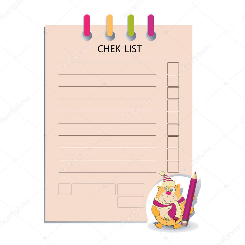 Check list and funny cat with a pencil. 