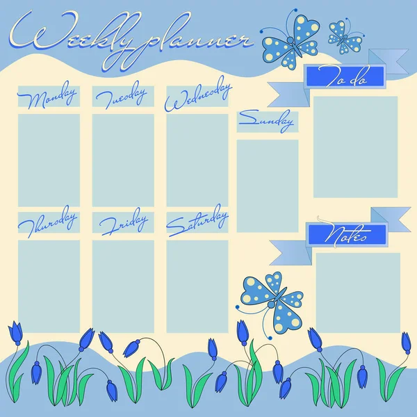 Light blue weekly planner with flowers and butterflies. — Stock Vector